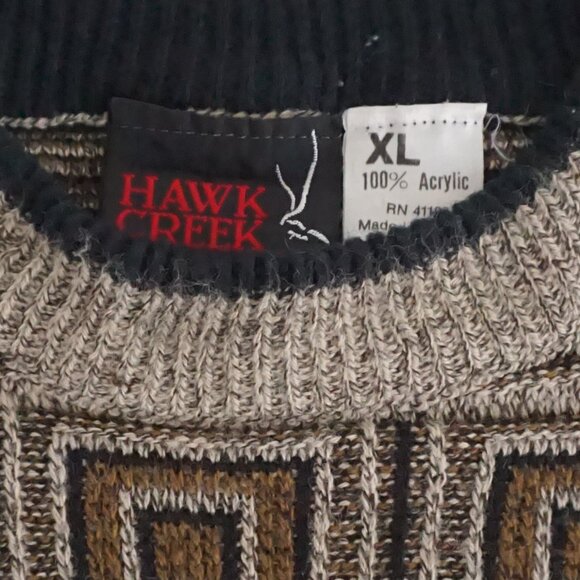 Vintage Hawk Creek Sweater Tan Brown Black Abstract Geometric 90s Coogi Style XL - Picture 9 of 9